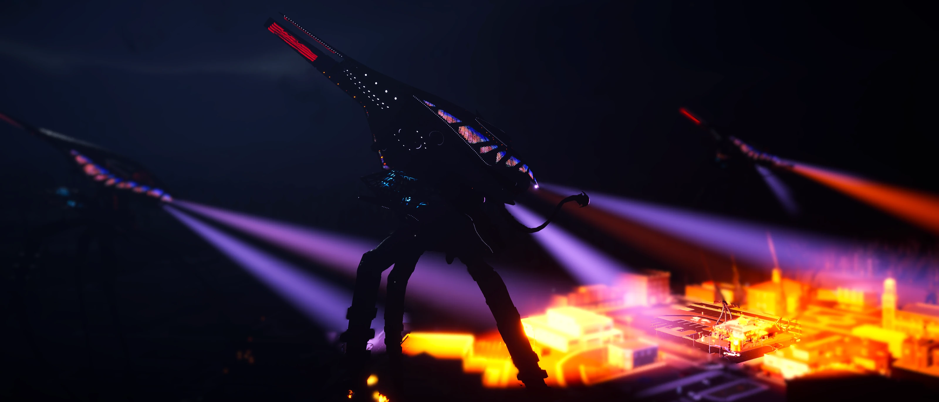 Alien machines sweep a burning town with violet searchlights.
