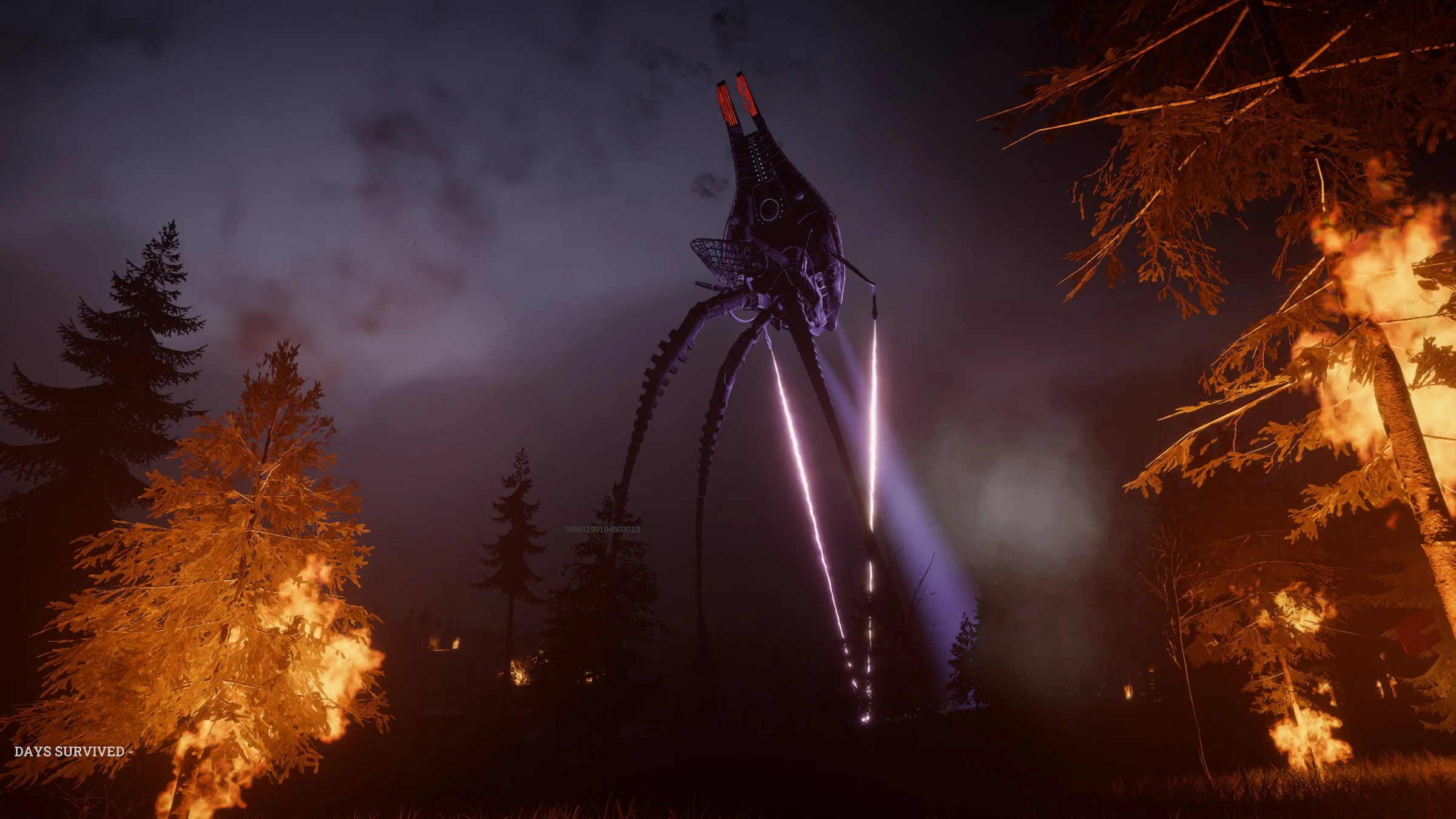 An alien machine fires heat rays into a burning forest.
