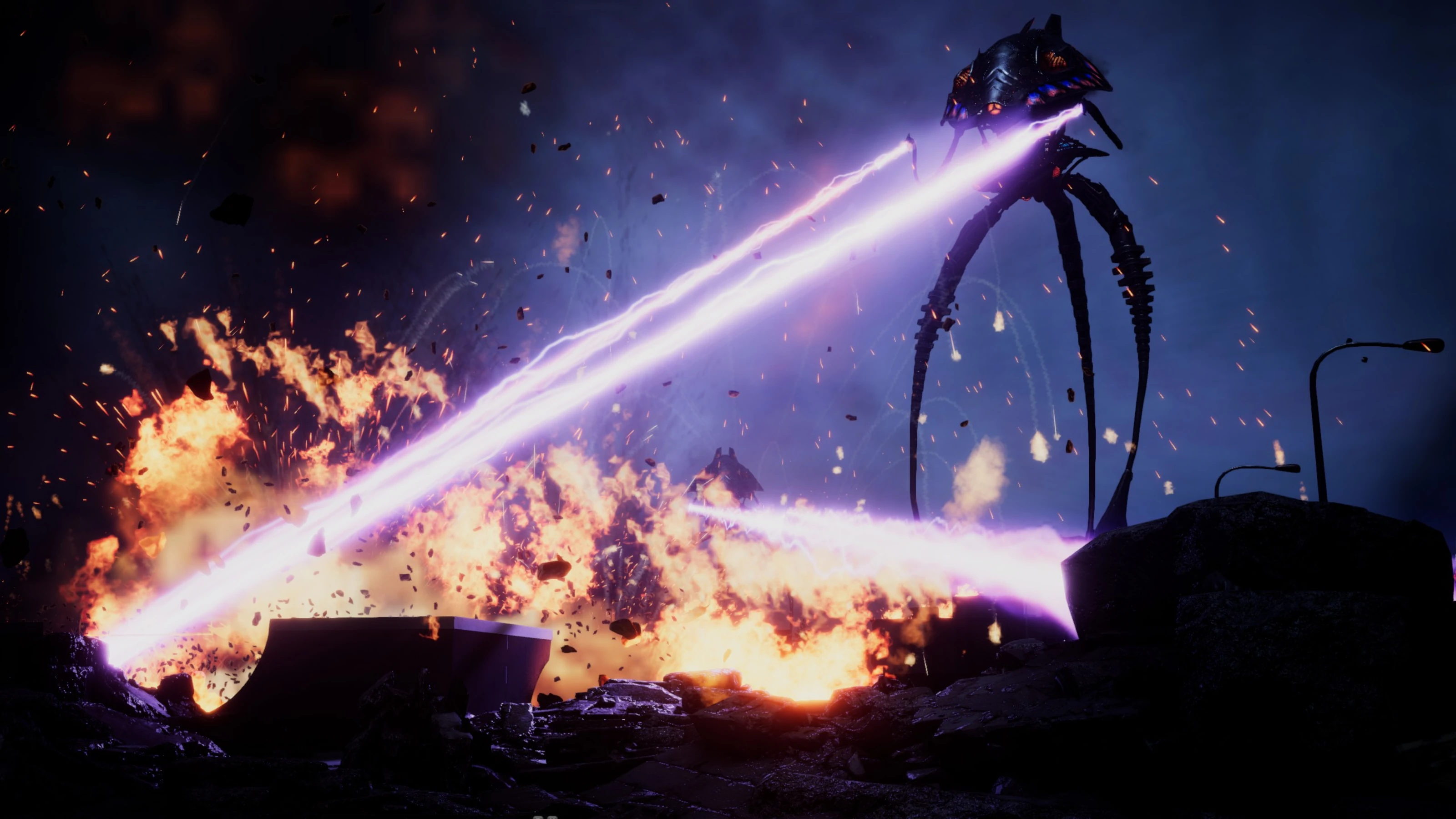 Alien machines fire heat rays through flames and flying debris.