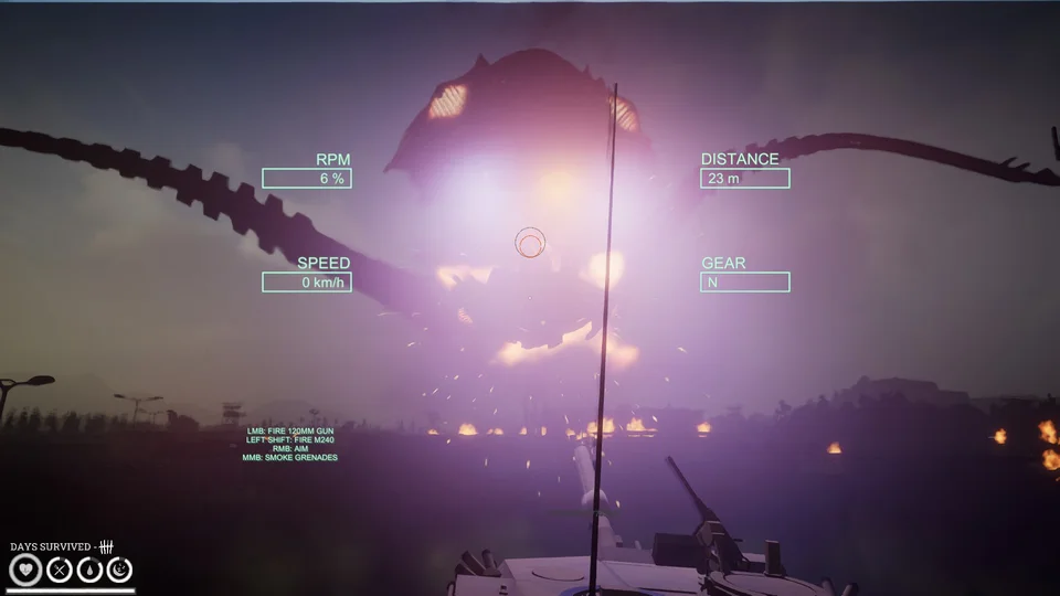 The view from an armoured vehicle facing an alien machine.