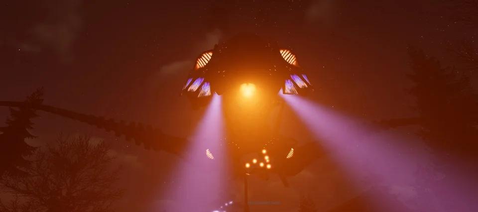An Eldepod illuminates the forest with orange and violet light.