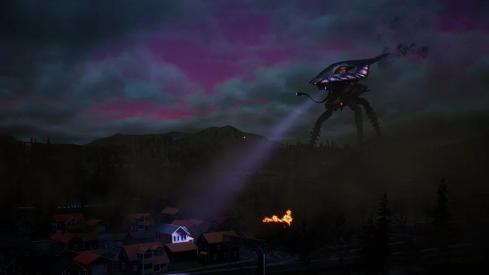 A Tripod searches a town beneath the night sky.