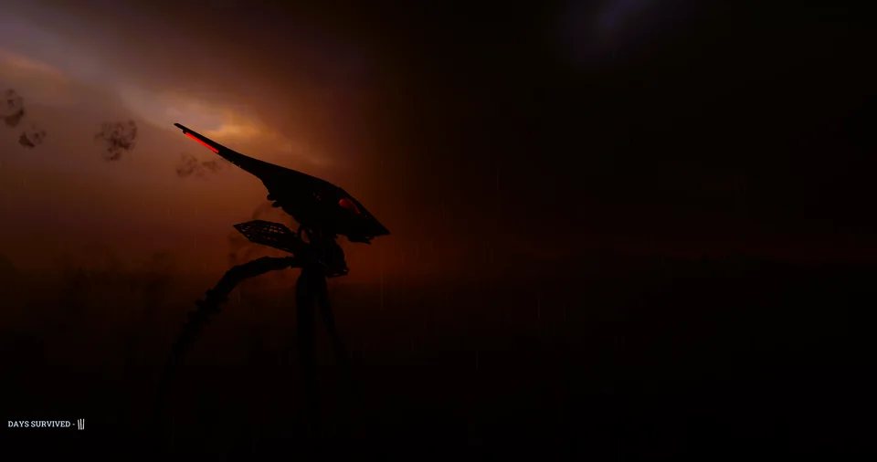 An alien machine stands silhouetted against a red sky in the rain.