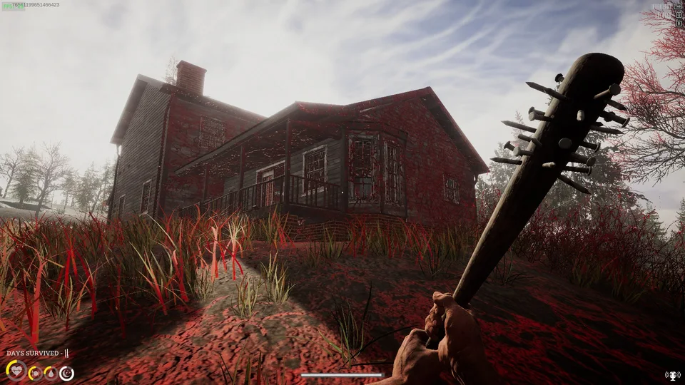 A survivor approaches a house overtaken by red weed.