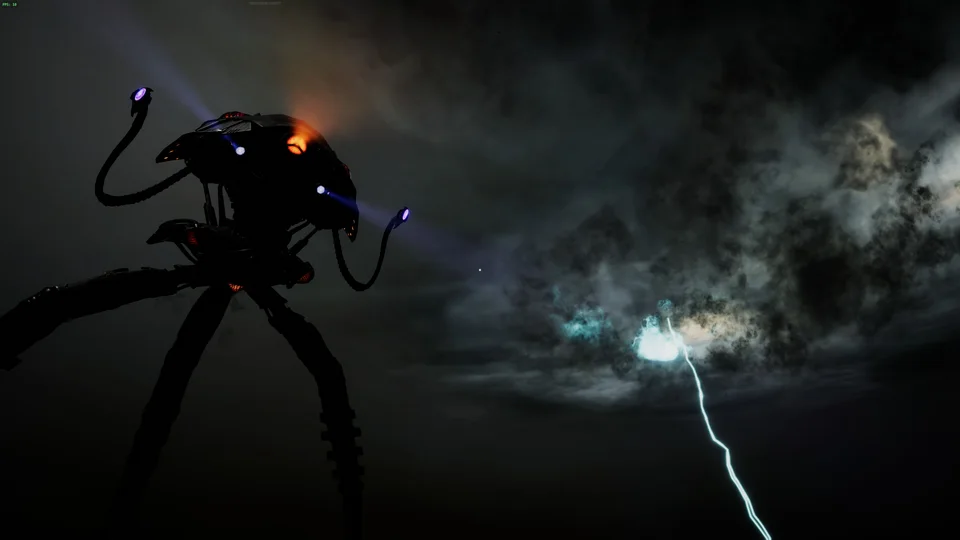 Lightning breaks through the clouds beside an Eldepod.