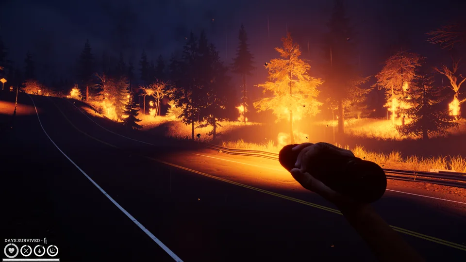 A survivor follows a road through a burning forest at night.