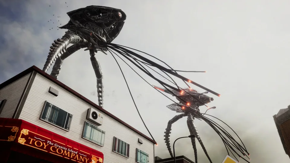 Two alien machines move above the town.